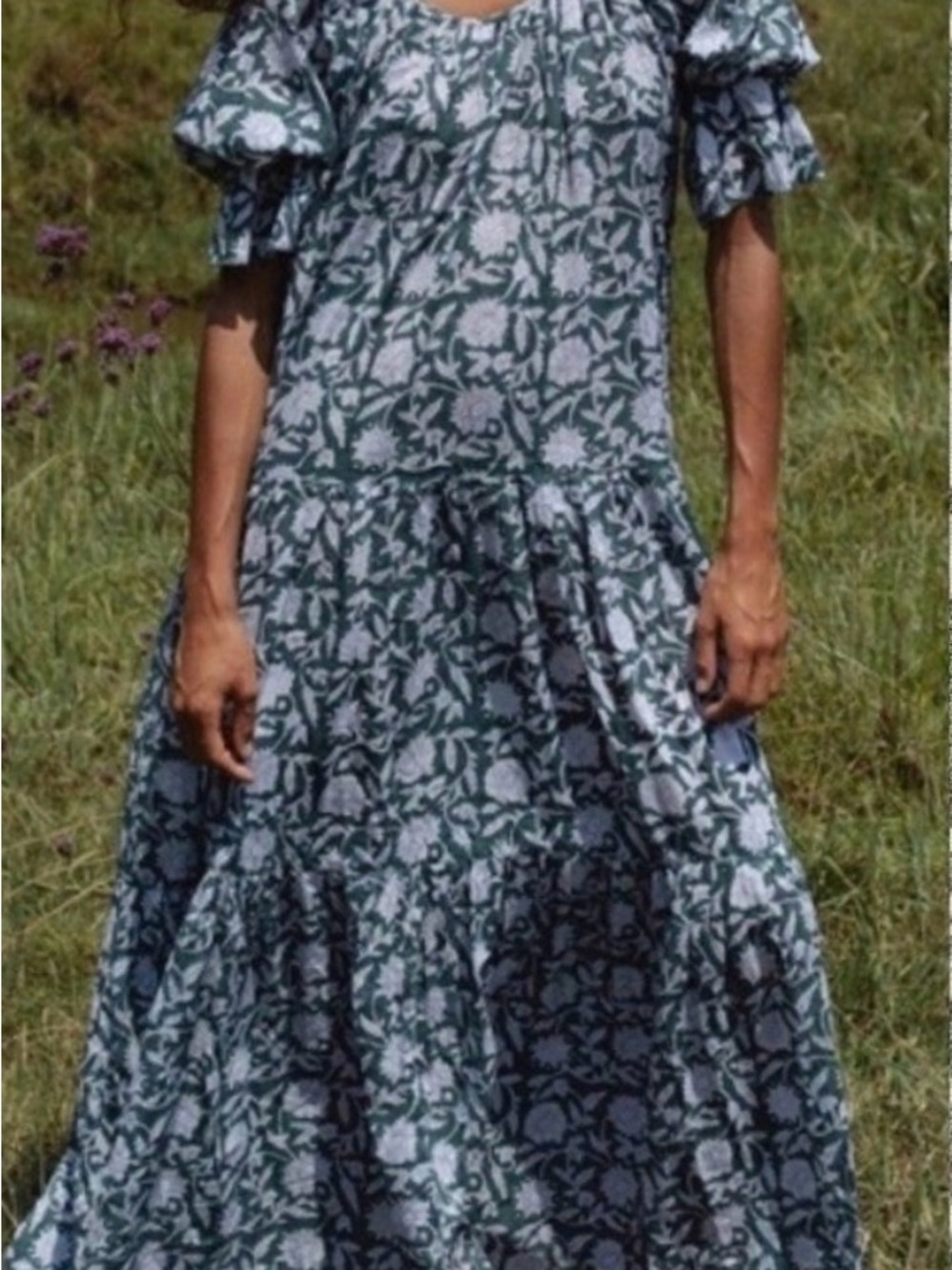 Daughters of India Sahana Forest Green Floral Block Print Tiered Maxi Dress - Picture 3 of 12
